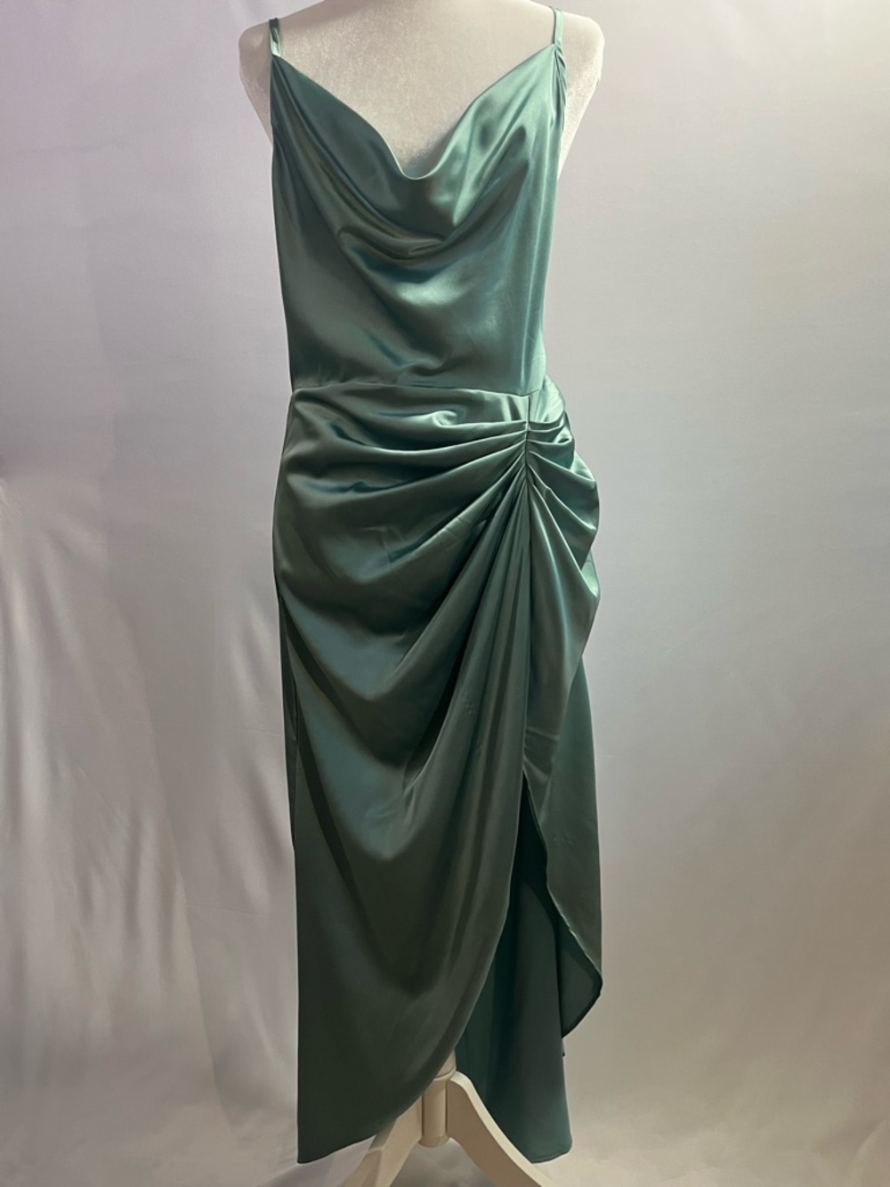 Cider Satin Cowl Midi Dress in Sage Green